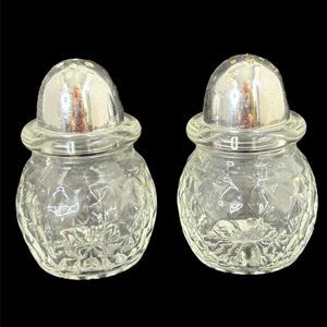 Vintage Glass Salt Pepper Shakers Cottage Core Shabby Decor Silver Tone Plastic